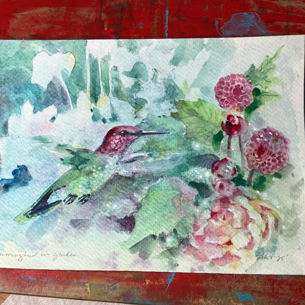ORIGINAL Hummingbird painting bird art colorful watercolor floral artwork USA